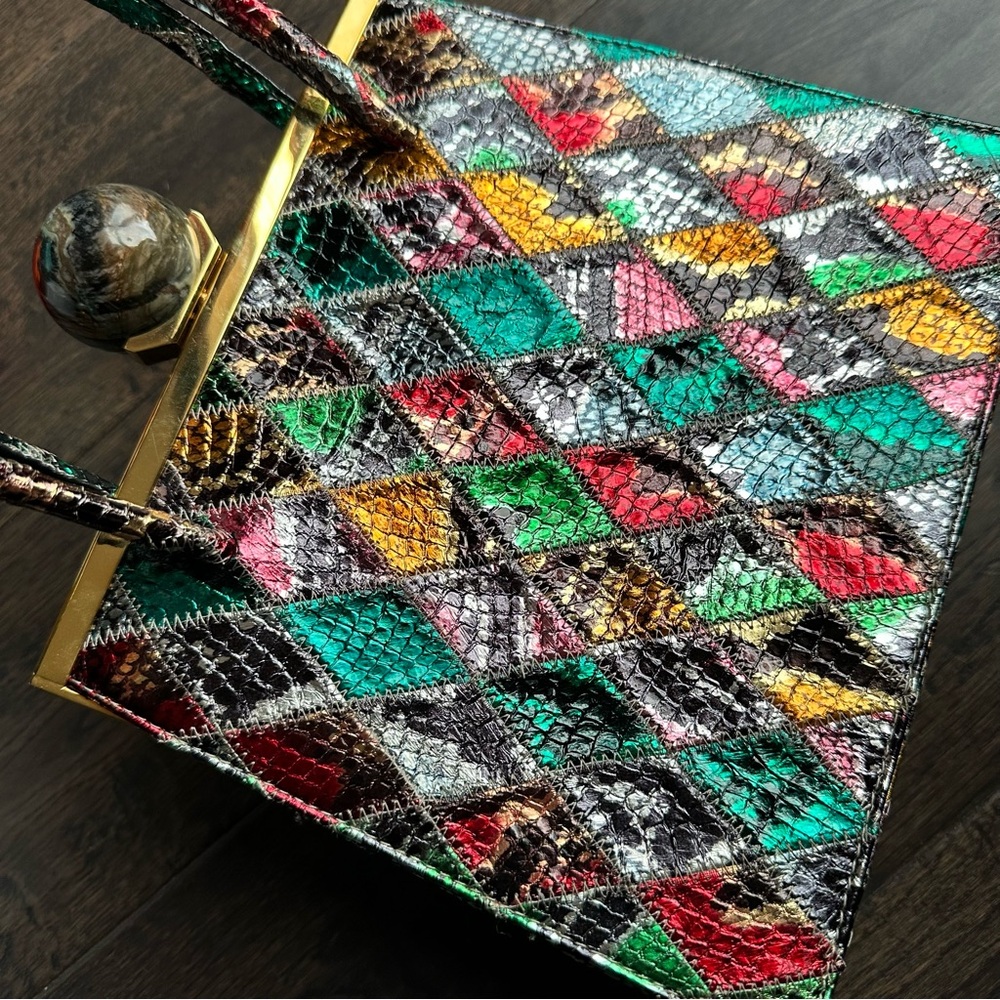 Marie Laure Rectangle Frame Bag Multicolored Patch Chamorel Python Handbag RARE - Picture 4 of 16